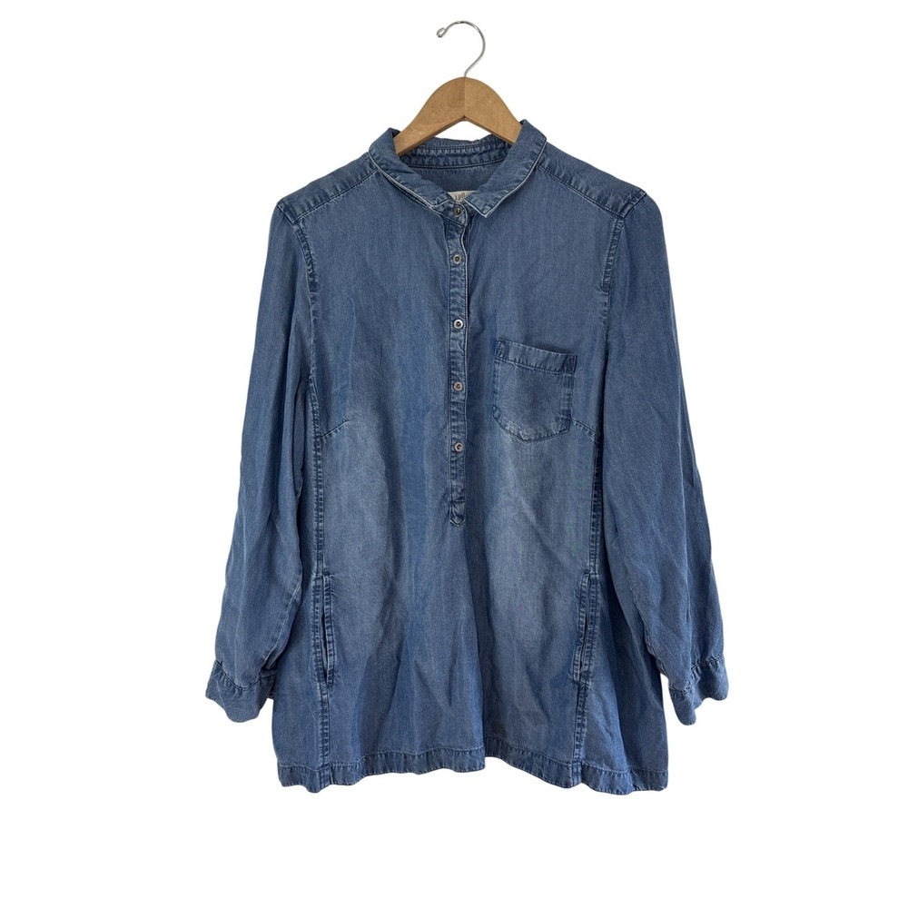 J. Jill Denim Blue Chambray Button Up Tunic Top Womens PXL Pockets Coastal Beach